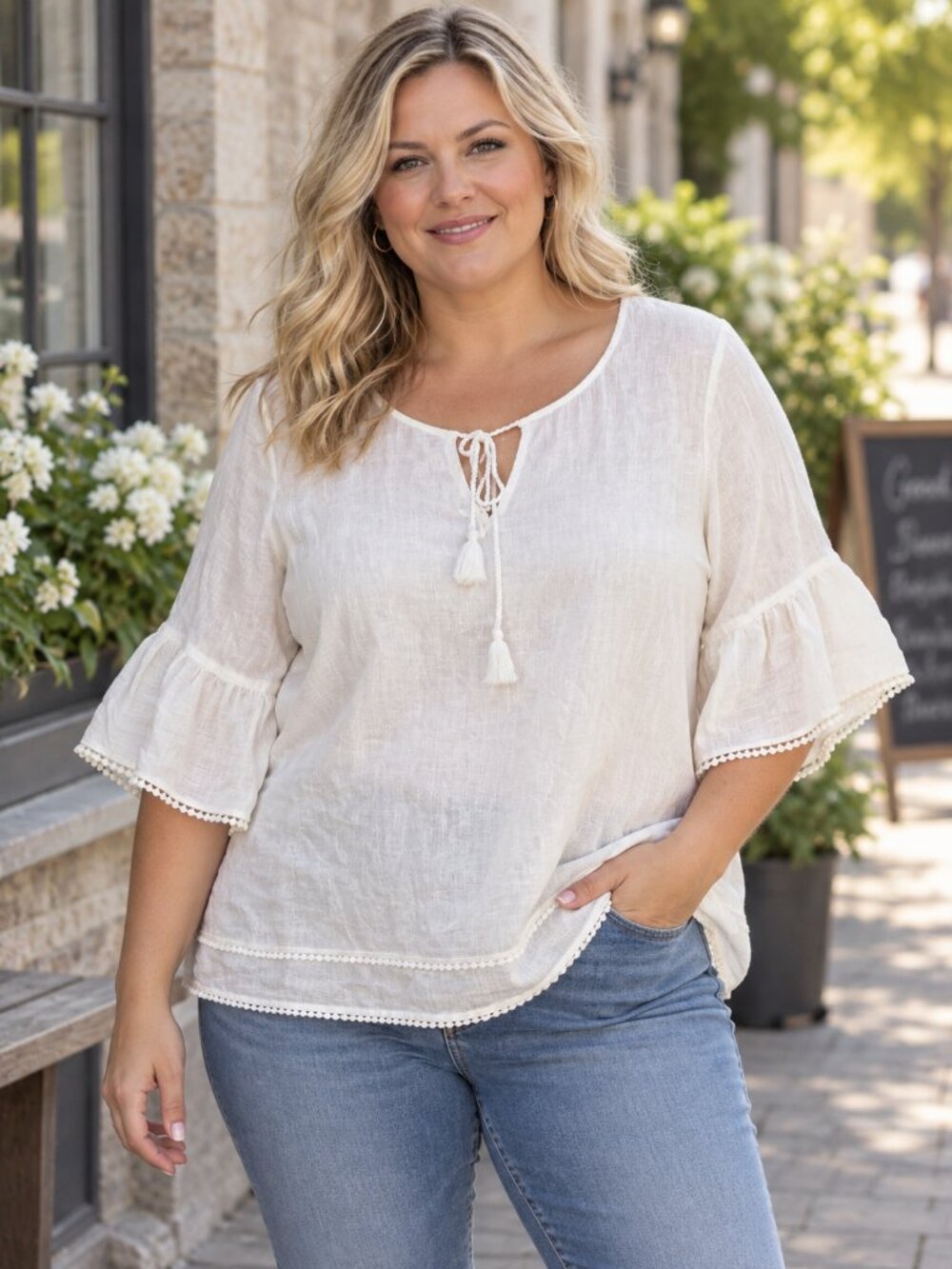 Tahari 100% Linen Blouse 2X White Ruffle Sleeve Tassel Boho Coastal
